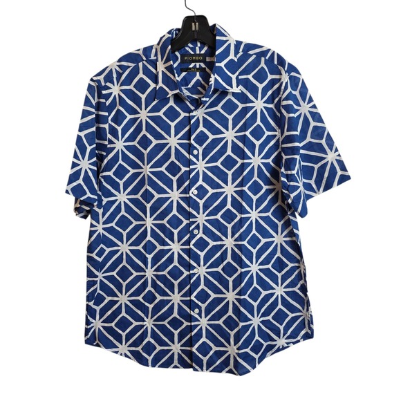 Piombo Other - Piombo Mens Blue Geometric Print Short Sleeve Button Down Shirt - Large